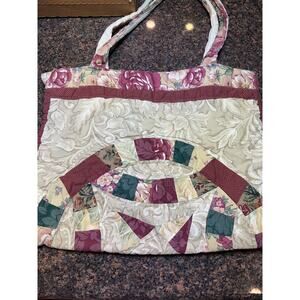 Vintage Handmade Quilted Double Ring Pattern Tote Bag 18"x14" Cream/Rose/Green